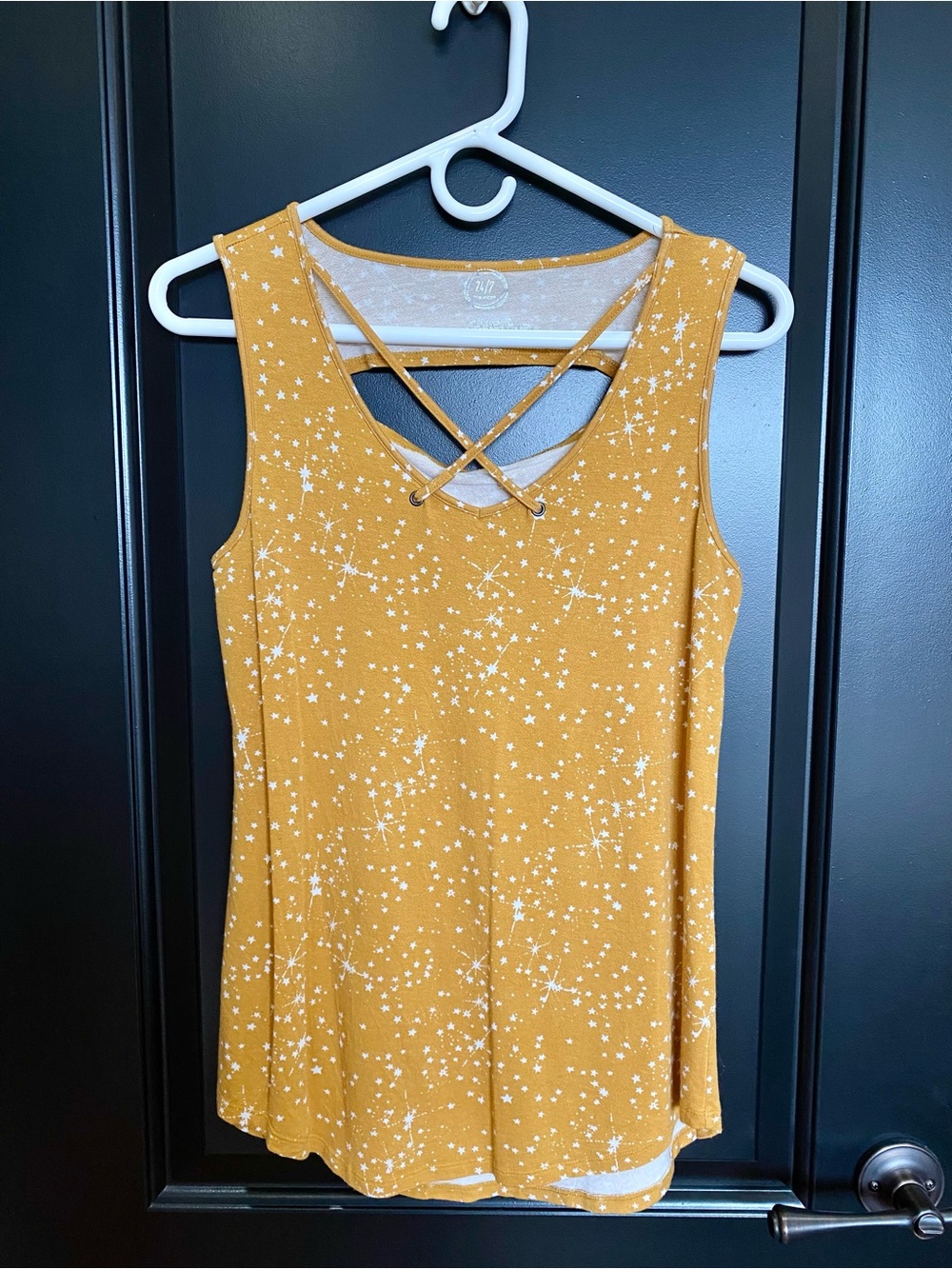 Maurices Mustard Yellow Tank with White Star Print and Cutouts